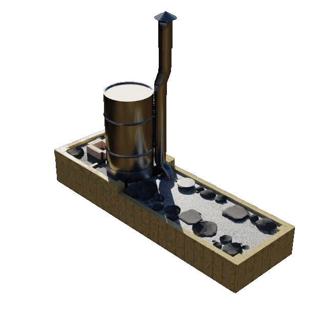 Animated 3D view of a pebble-style rocket mass heater, showing the barrel, chimney and stone-filled bench