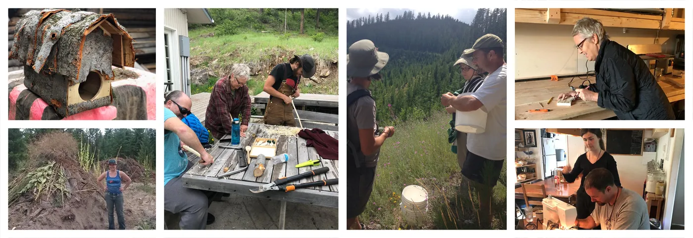 Collage of SKIPpers foraging, sewing and doing homestead crafts